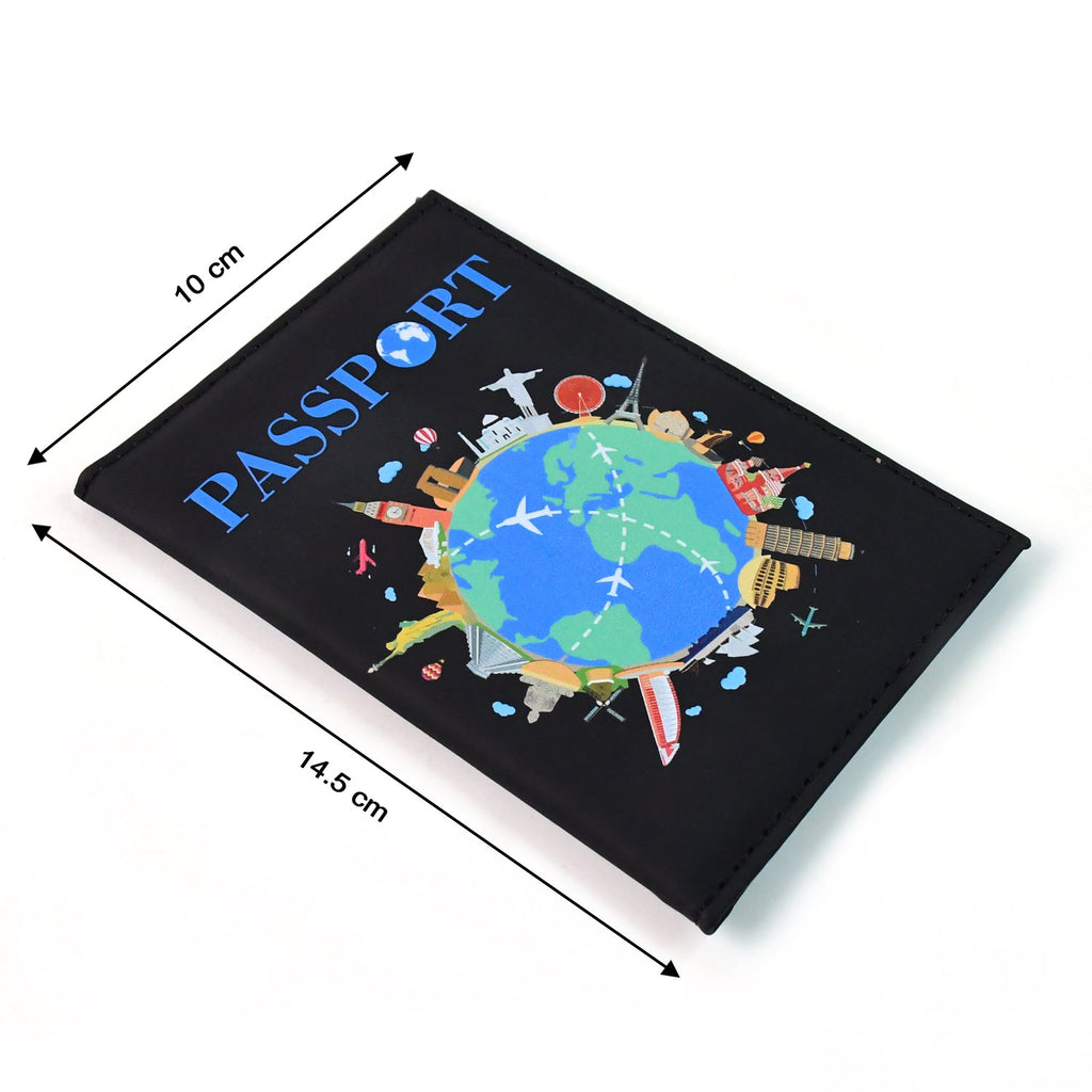 Travel passport cover adorned with global landmarks and map print