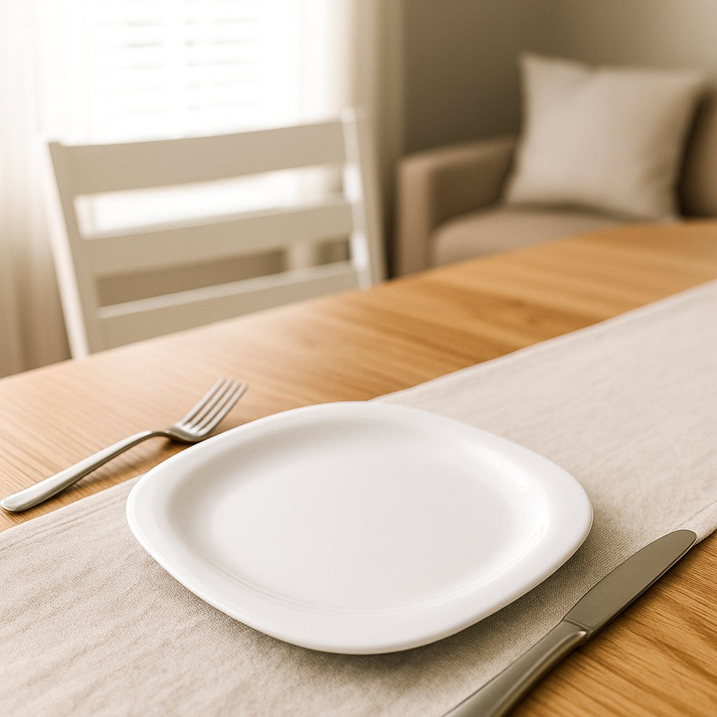 Modern white square plastic dinner plate with raised rim