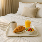Top view of versatile white plastic serving plate on table