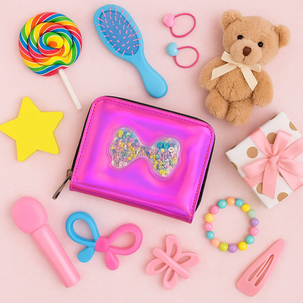 Compact holographic kids wallet with zip closure and fun floating glitter details