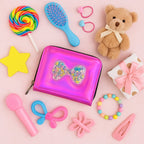 Compact holographic kids wallet with zip closure and fun floating glitter details