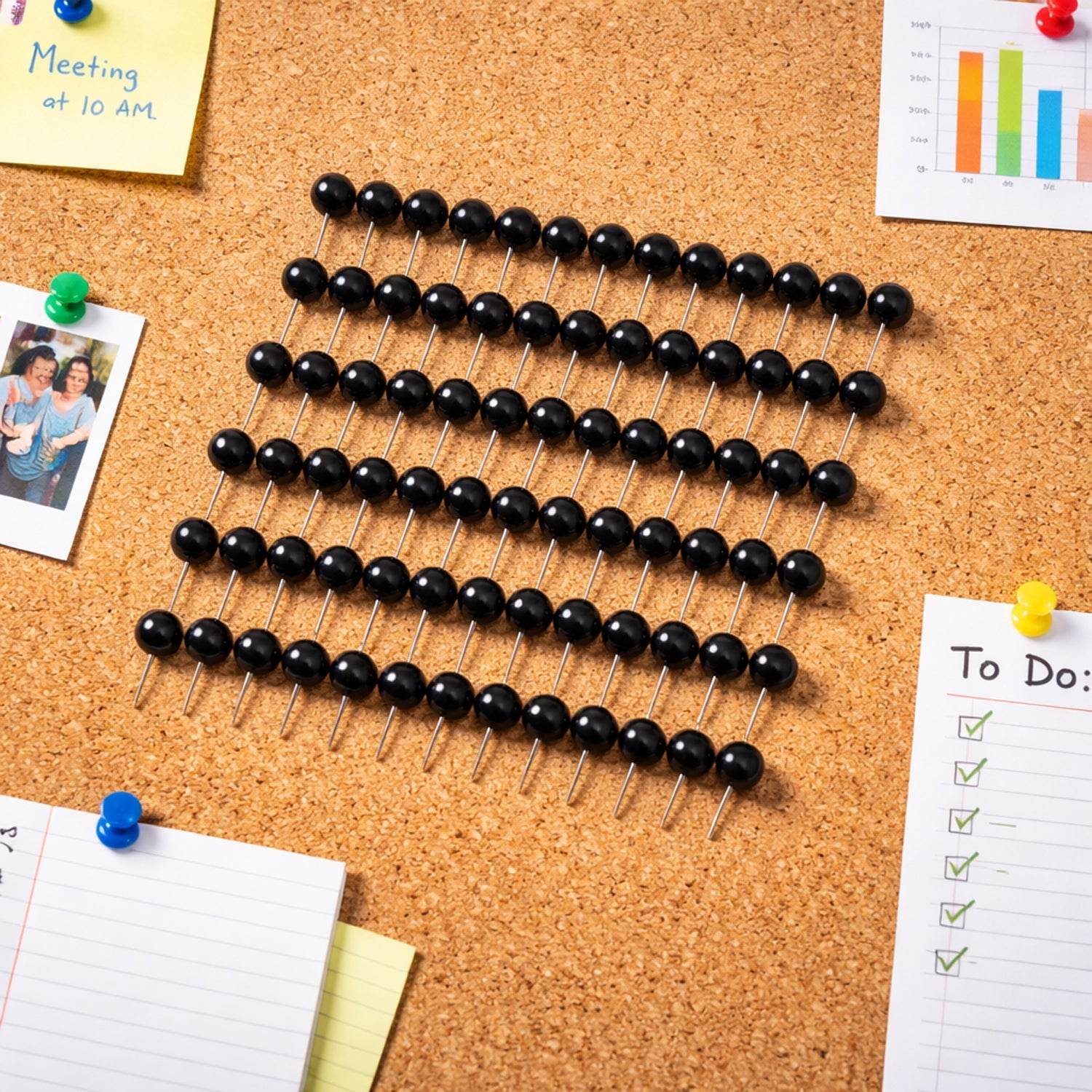 Black round head push pins with sturdy steel pins for notice boards