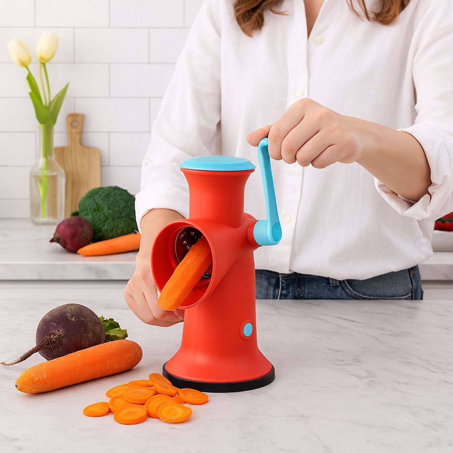 Rotary slicer drum attachment for fruit and vegetable slicing