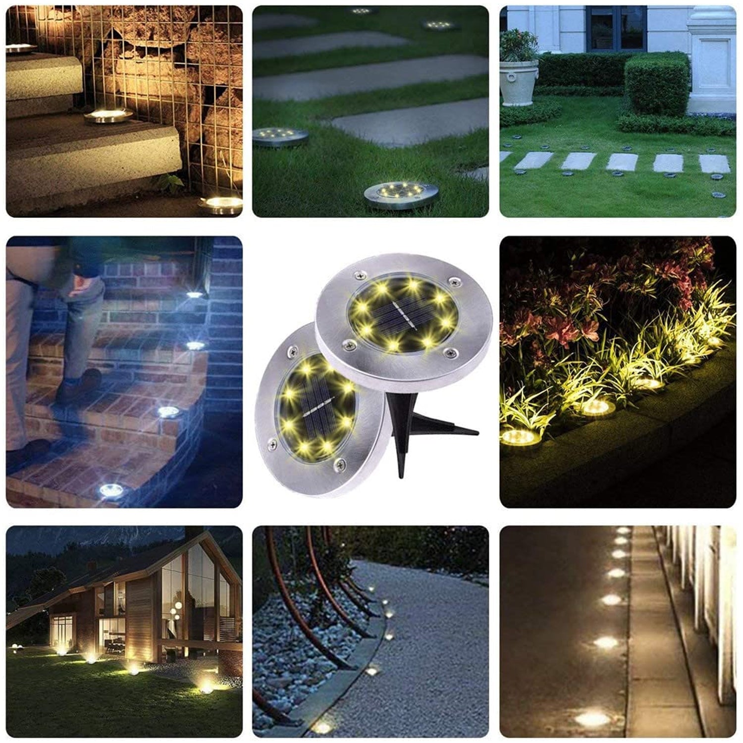 Multiple solar LED garden lights installed evenly along garden pathway enhancing visibility