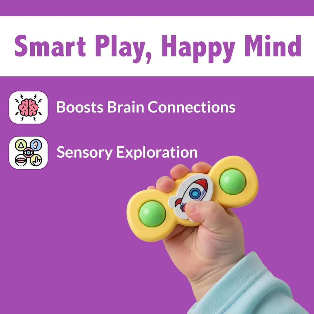 Baby spinner toy set attached securely on smooth surface using suction cups
