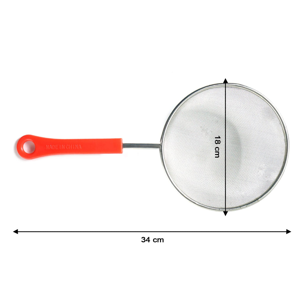 Kitchen strainer showing detailed fine mesh and handle