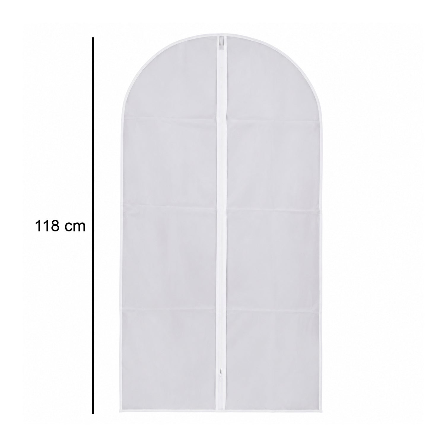 Dimensions of suit cover showing 118 cm size for long garments.