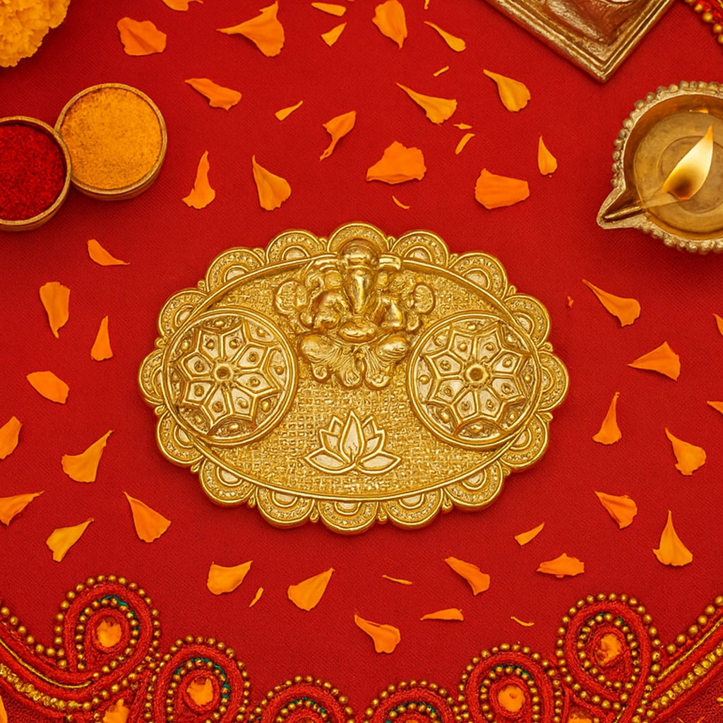 Antique gold finish Ganesh embossed kumkum chopra for pooja and rituals