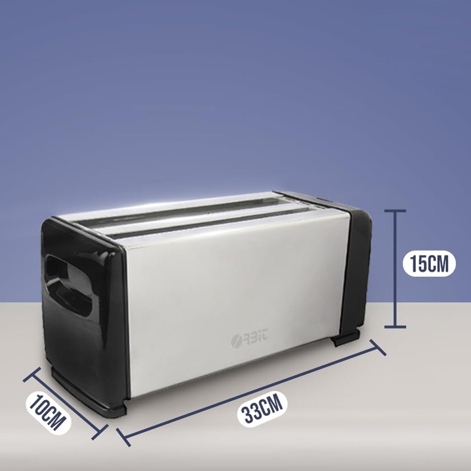 Side view showing wide bread slots of Orbit 4-slice pop-up toaster