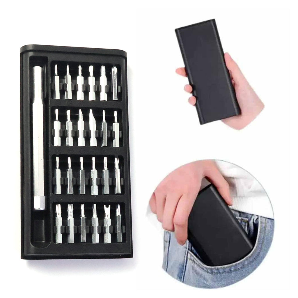Inside view of the organised precision screwdriver kit with all 24 bits neatly arranged.