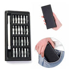 Inside view of the organised precision screwdriver kit with all 24 bits neatly arranged.