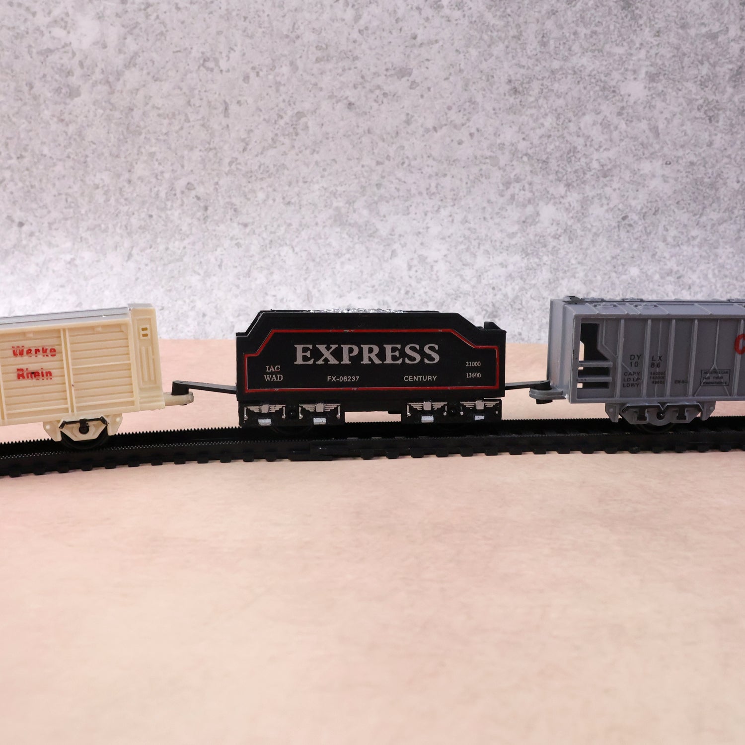 Close-up detail of battery operated toy train set components