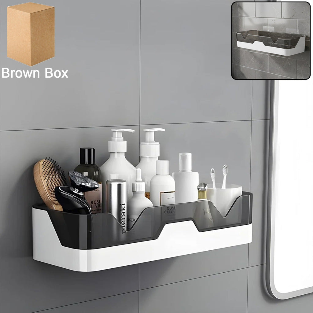 Wall mounted adhesive plastic storage shelf organized in bathroom
