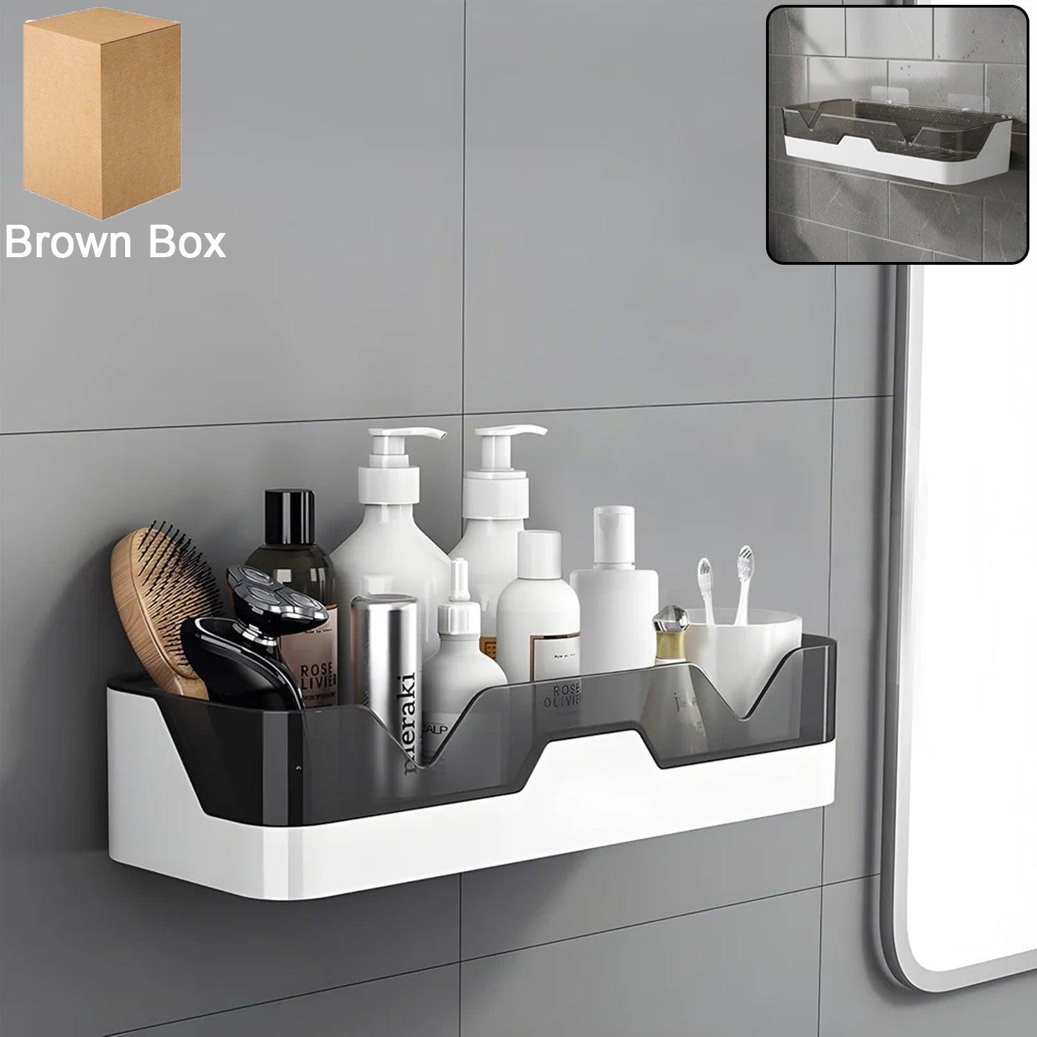 Wall mounted adhesive plastic storage shelf organized in bathroom