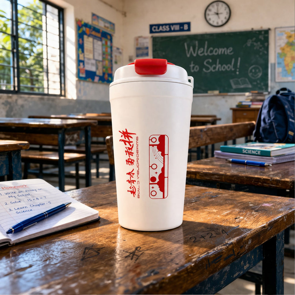 Vacuum insulated travel mug showing stainless steel finish