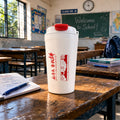 Vacuum insulated travel mug showing stainless steel finish