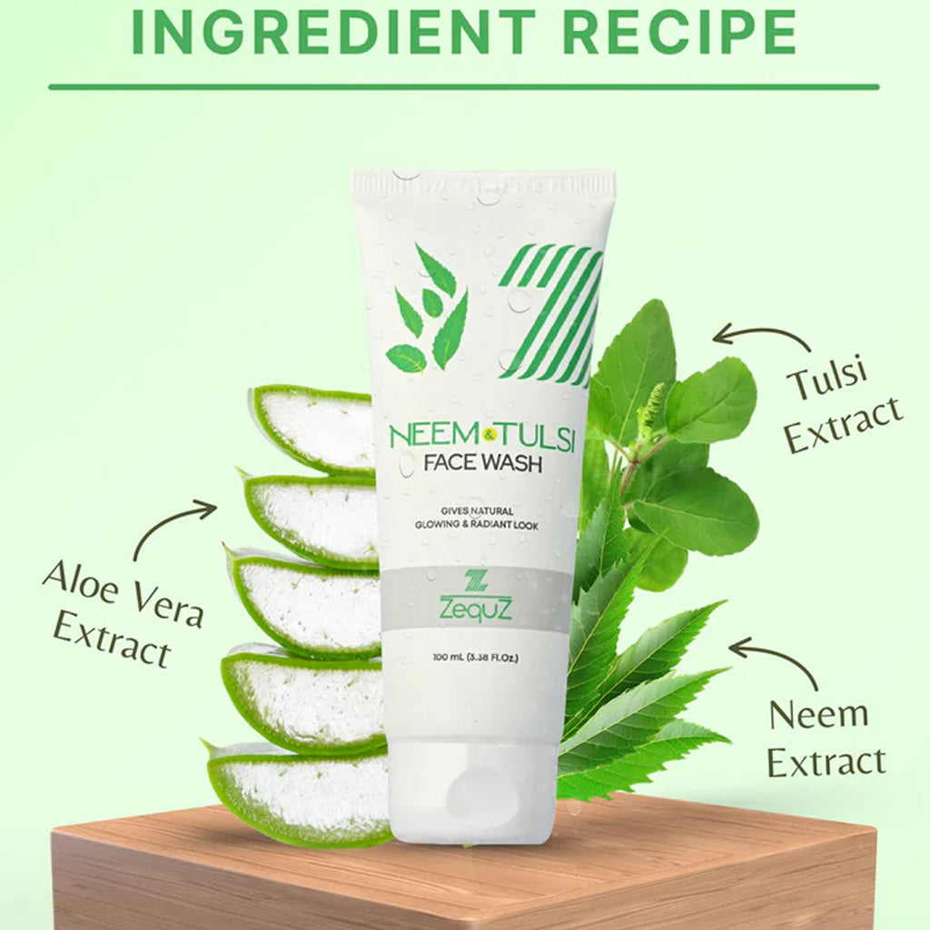 Face cleanser tube showing label with Neem & Tulsi extracts