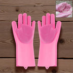 Pair of multicolor silicone cleaning gloves on a clean white background.