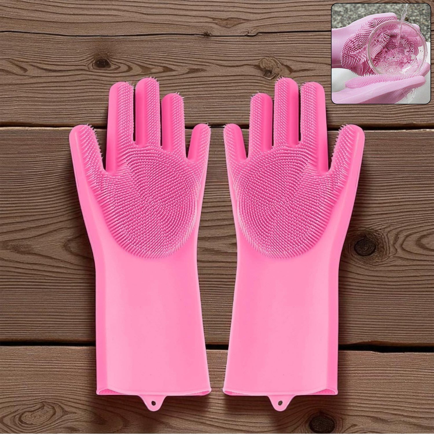 Pair of multicolor silicone cleaning gloves on a clean white background.