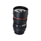 Camera lens shaped coffee mug with lid, perfect for photography enthusiasts.