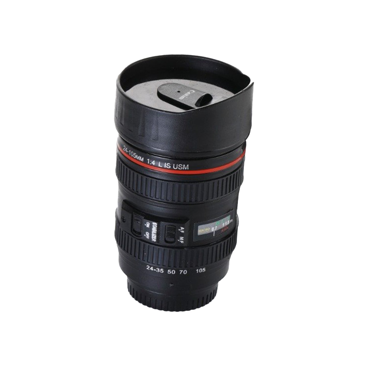 Camera lens shaped coffee mug with lid, perfect for photography enthusiasts.