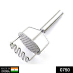 Ergonomic stainless steel hand masher for efficient mashing of vegetables and Indian dishes.
