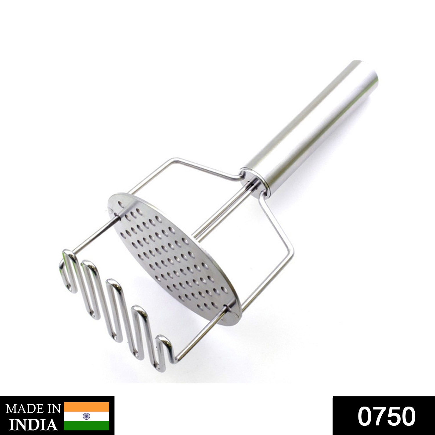 Ergonomic stainless steel hand masher for efficient mashing of vegetables and Indian dishes.