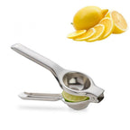The shiny stainless steel citrus juicer on a clean kitchen counter.