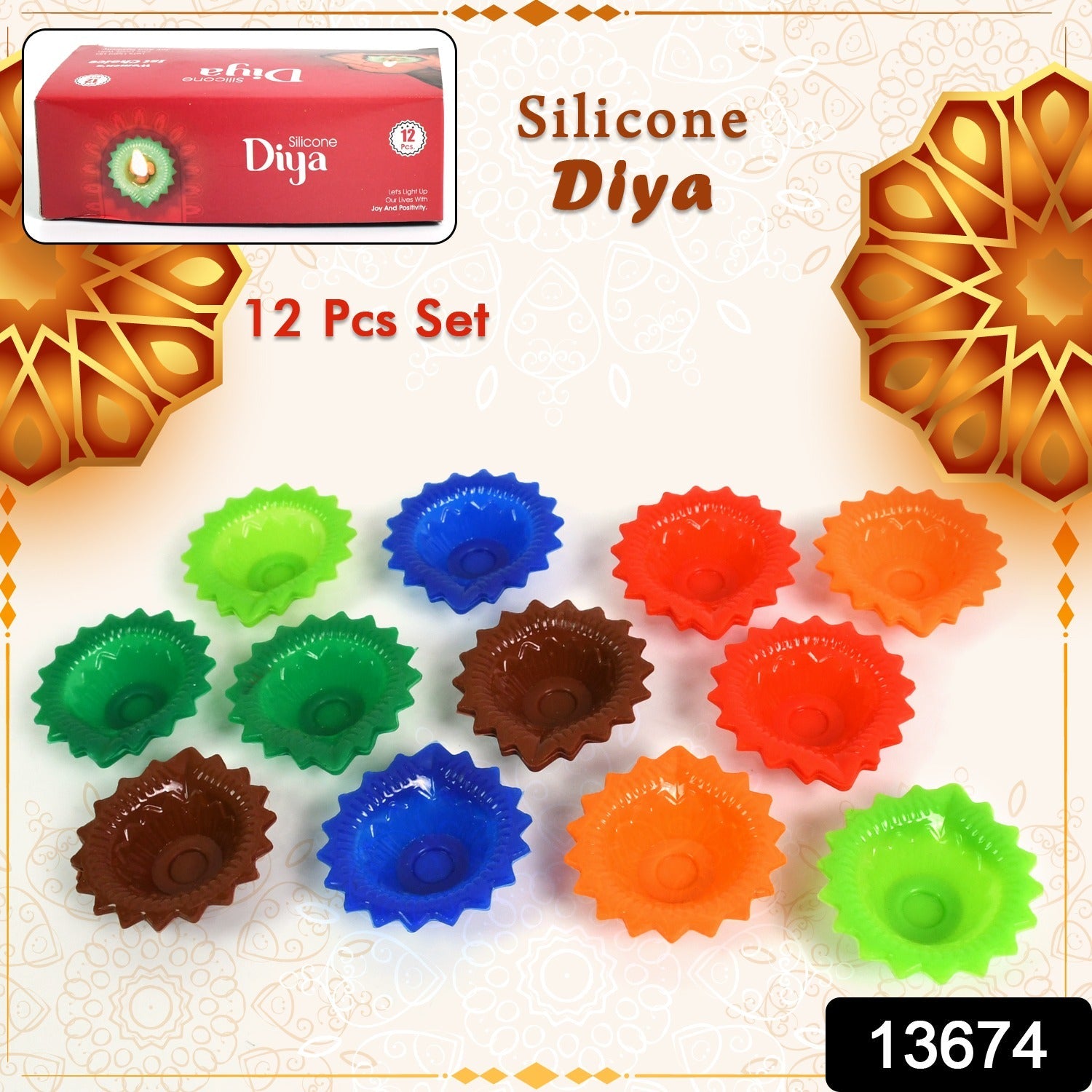 Close-up of a vibrant, reusable Silicone Diwali Diya with a traditional design.