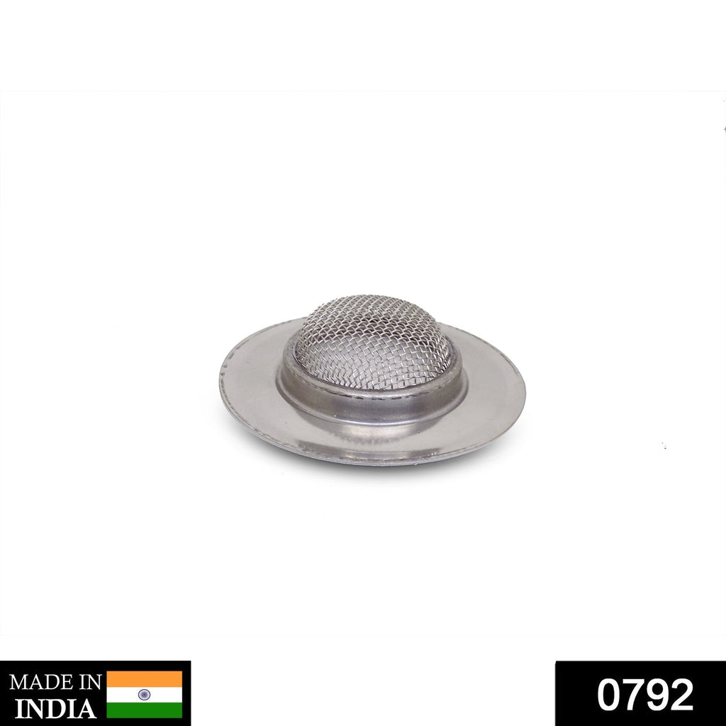 Close-up of the stainless steel sink strainer showing fine mesh for superior drainage.