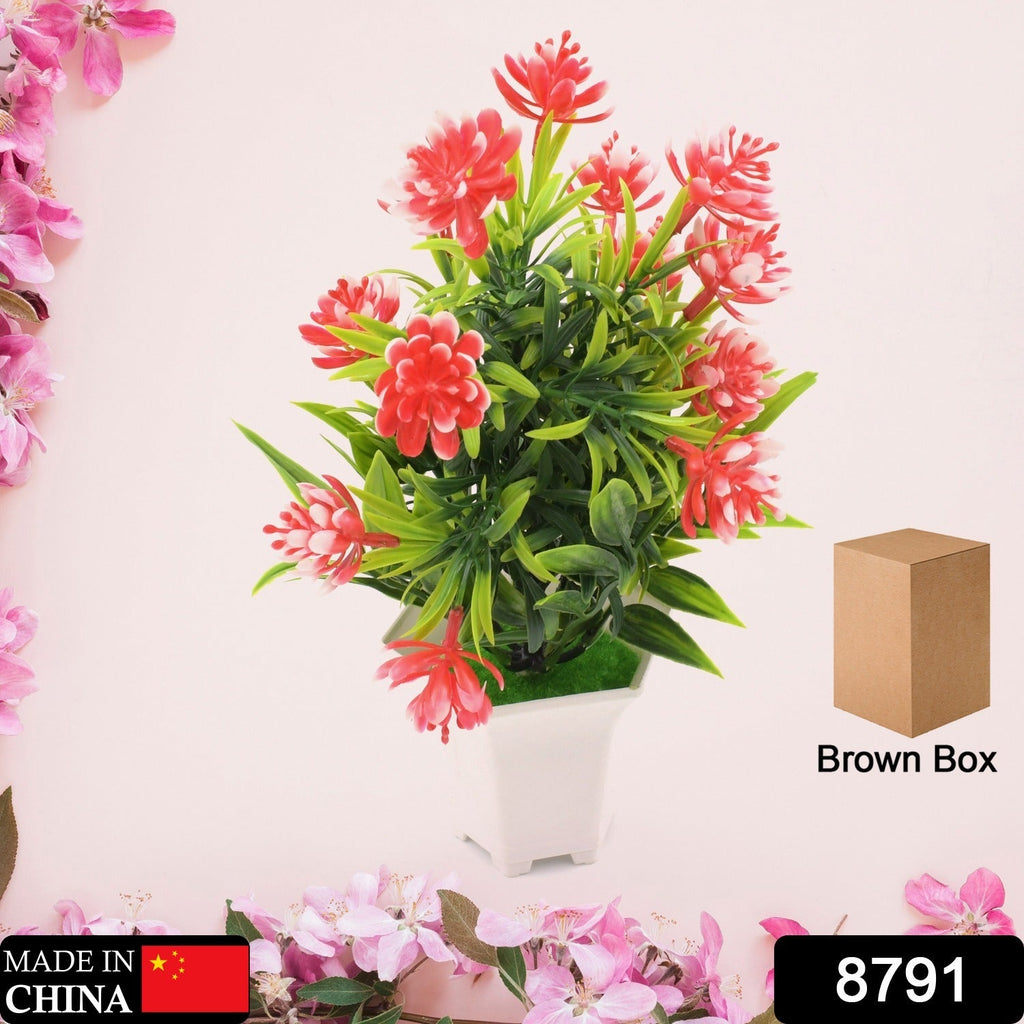 Side view of the artificial flower plant showing its textured leaves and cute pot, suitable for any desk.