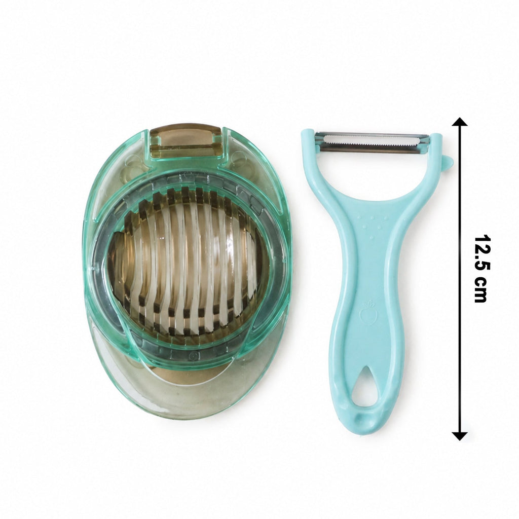 Hand holding the 2-piece vegetable cutter & egg slicer set