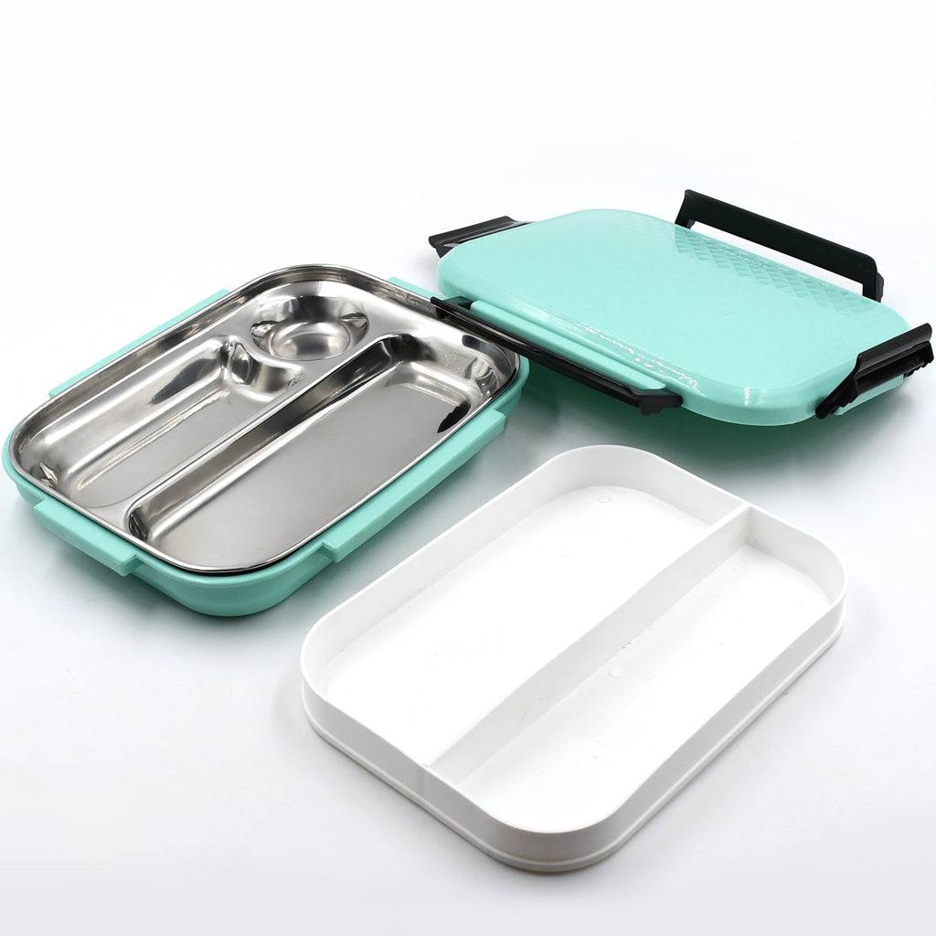 Close-up of the robust food-grade stainless steel lunch box, highlighting quality.