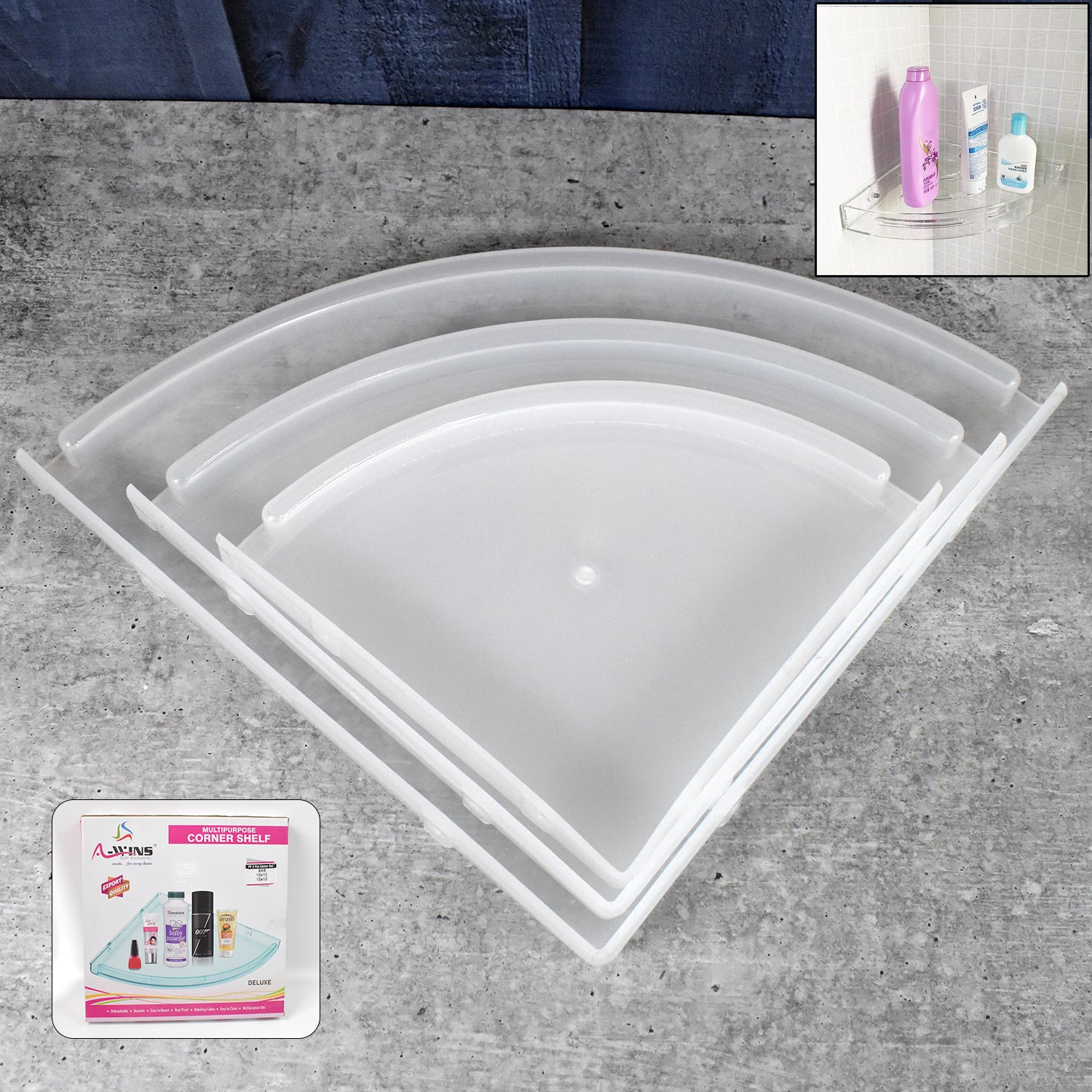 Three-piece white plastic corner shelf set displayed in a modern bathroom.