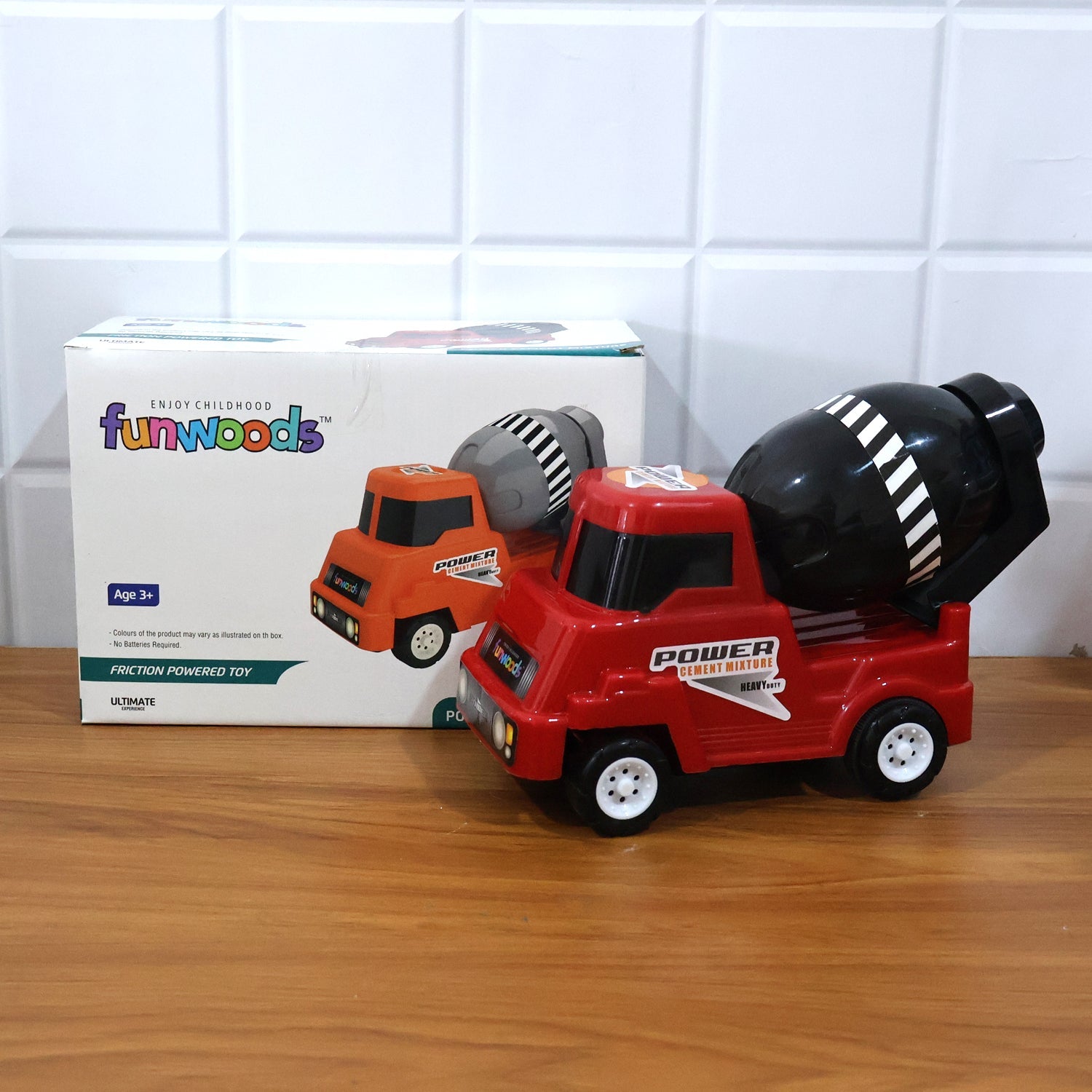 Kids mixer truck vehicle toy with friction power mechanism