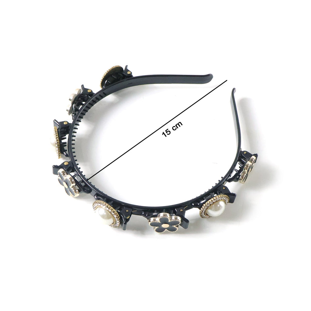 Close-up of elegant pearl & floral hairband showing detailed design