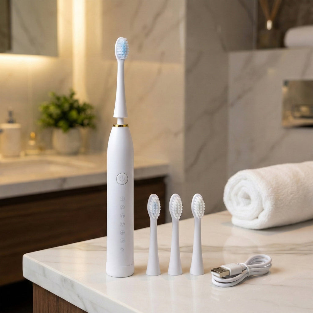 White rechargeable electric toothbrush with extra replacement heads