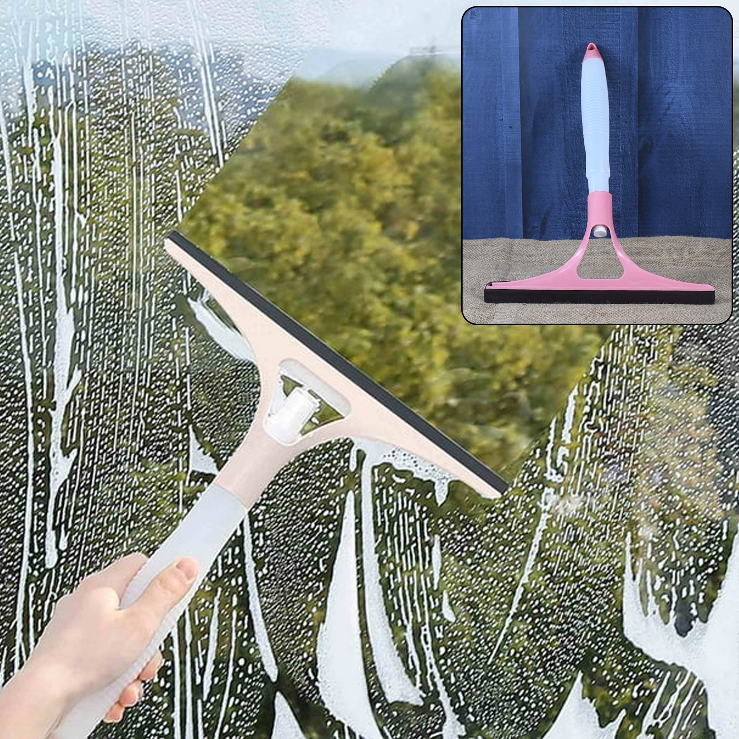 The versatile cleaning brush with squeegee side ready for a glass door.