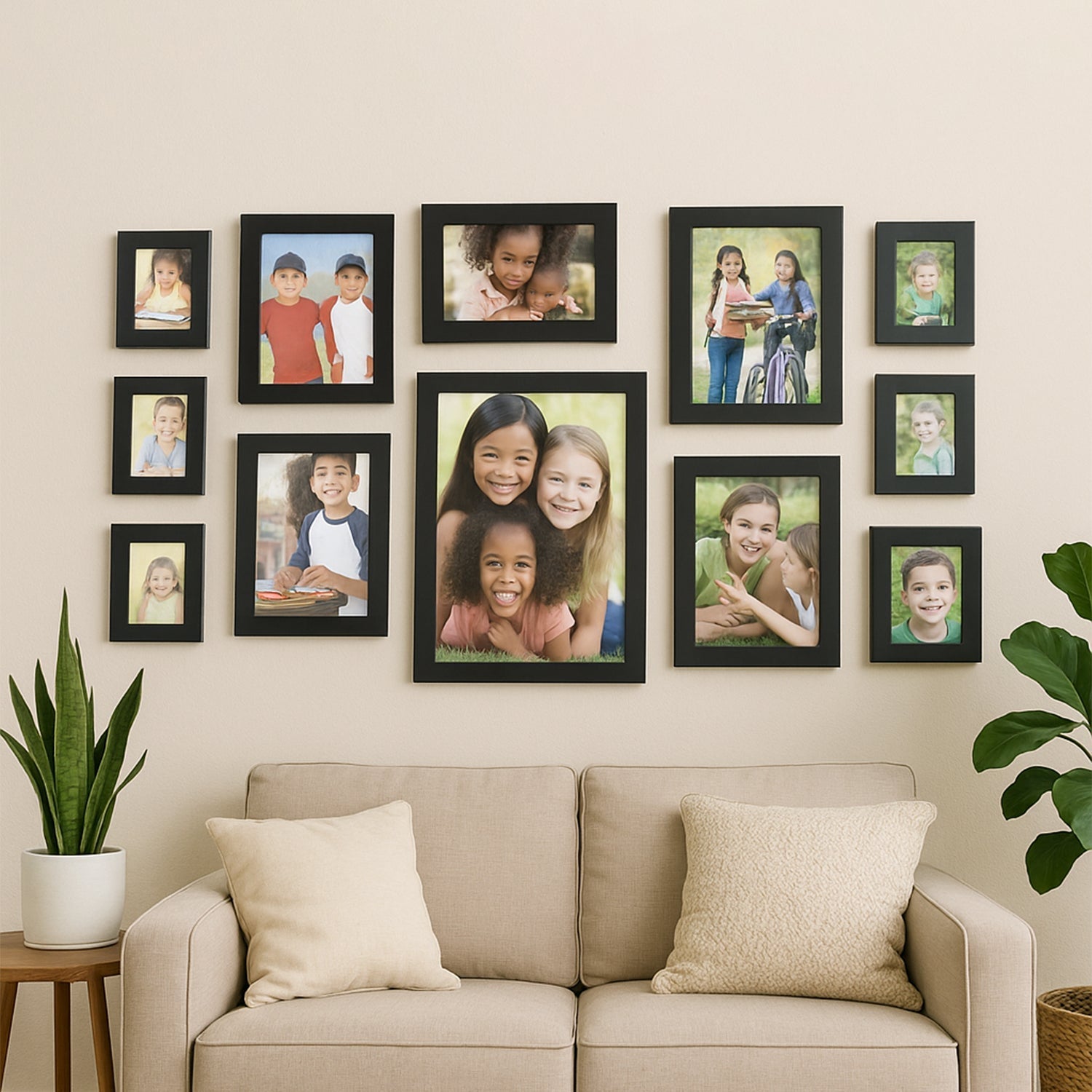 Wall-mounted black 12 photo frame set showcasing photos and certificates