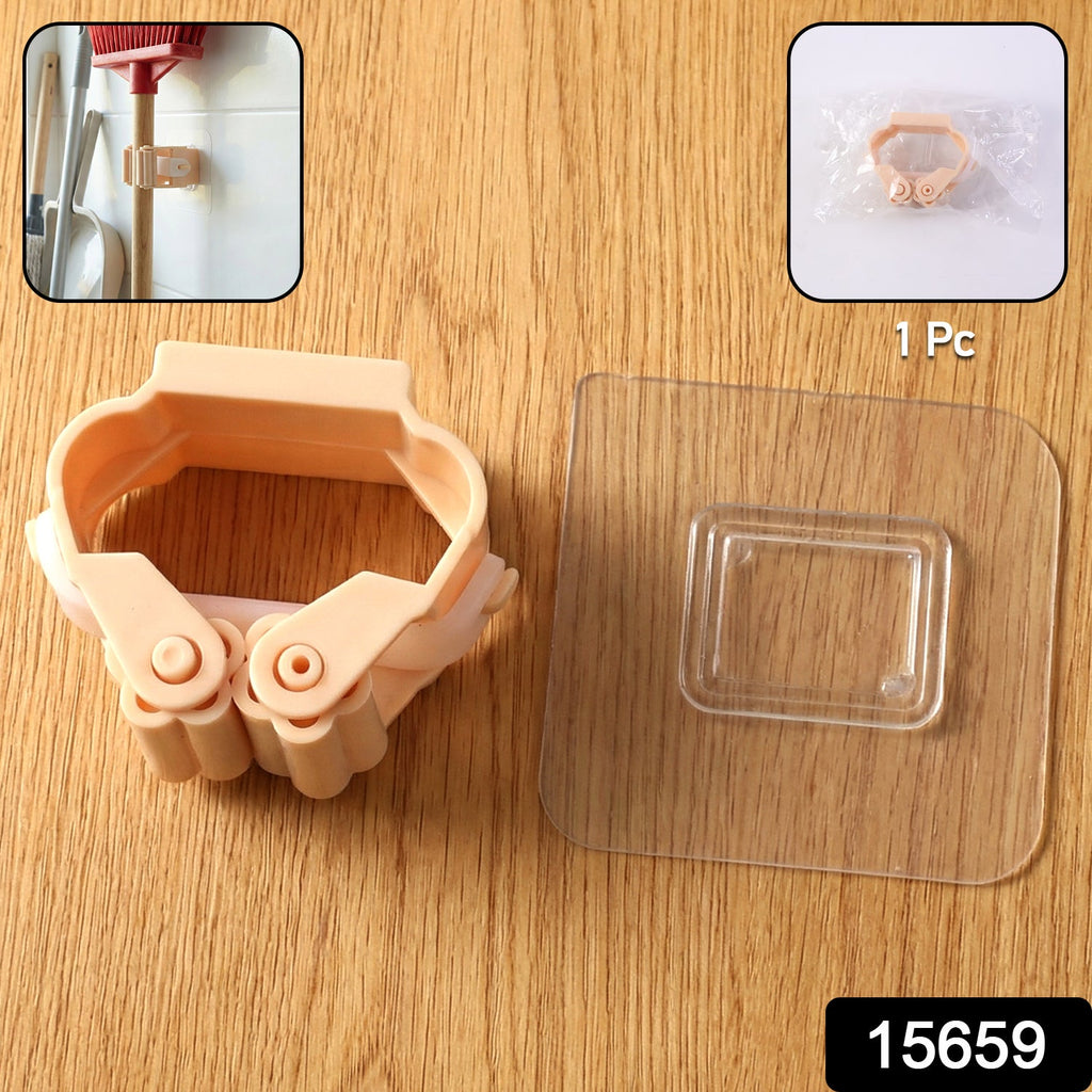 Close-up of mop and broom holder clip securely holding mop handle