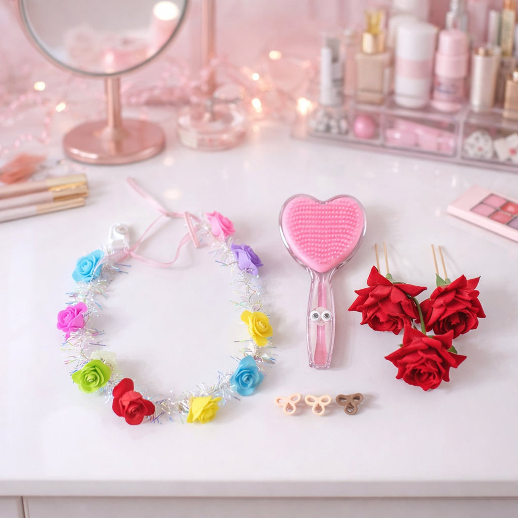 Colorful floral hairband included in the hair styling combo set