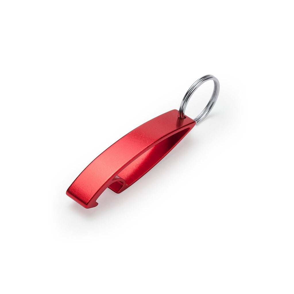 Close up of metal keyring opener in red metallic finish