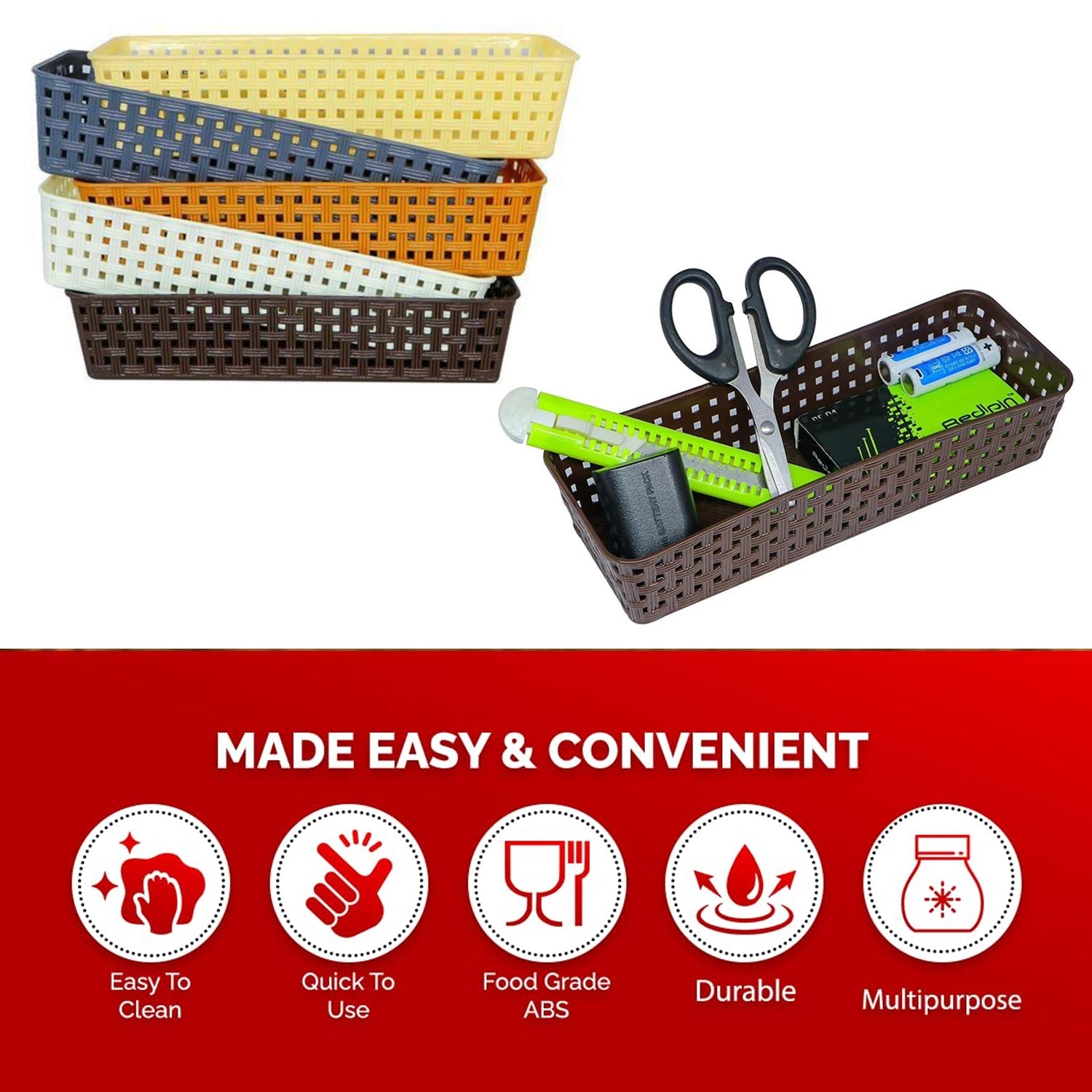 A well-organized office desk featuring the practical storage bins.