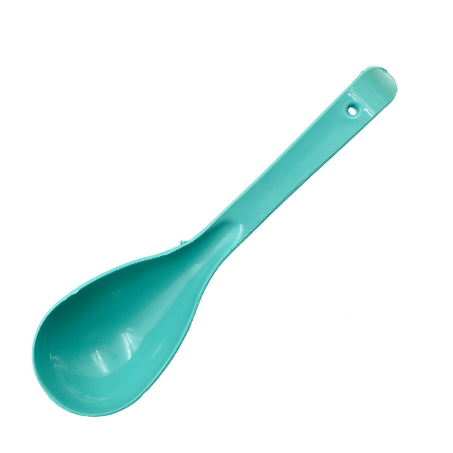 An ergonomic BPA-free plastic serving spoon with a comfortable grip for easy handling of food.