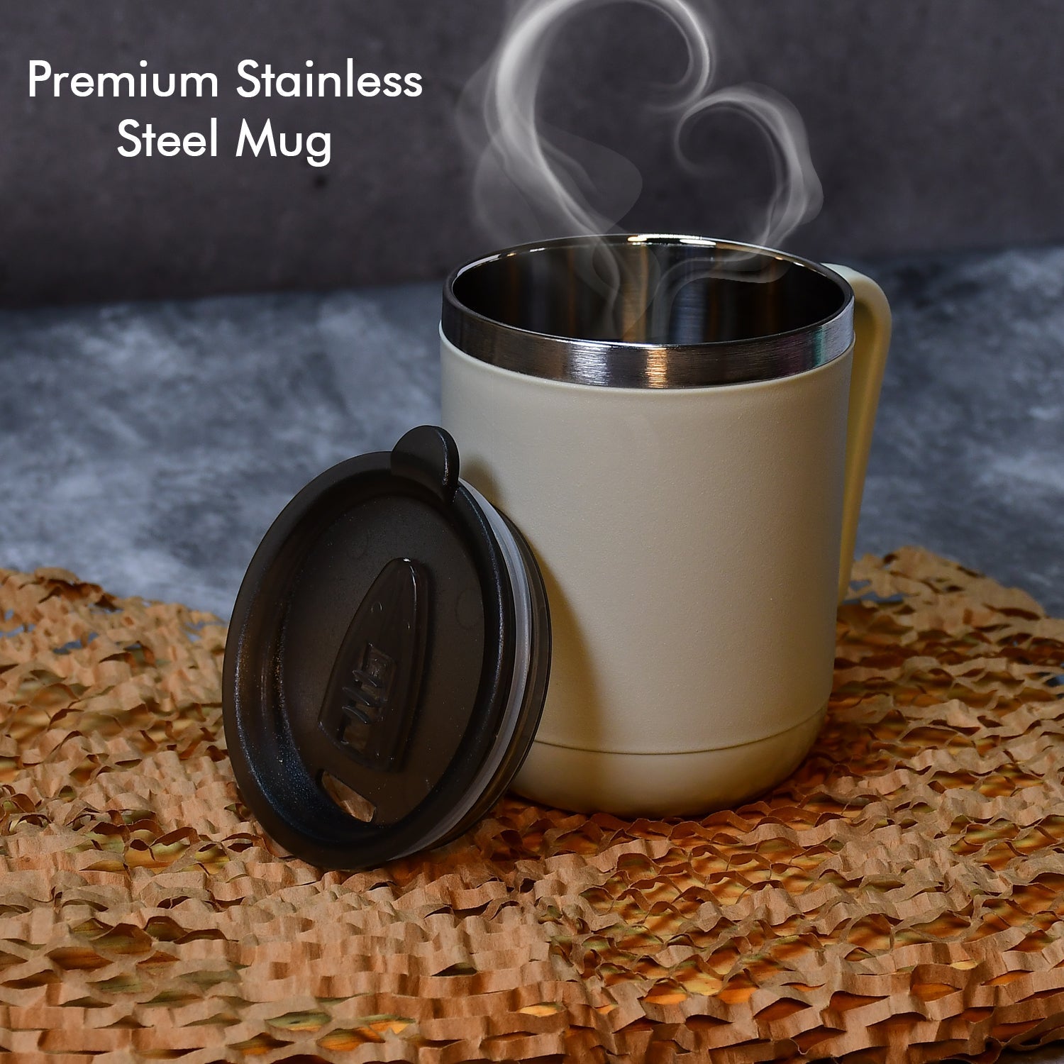 The Ganesh stainless steel coffee mug in a lifestyle setting, perfect for daily use.