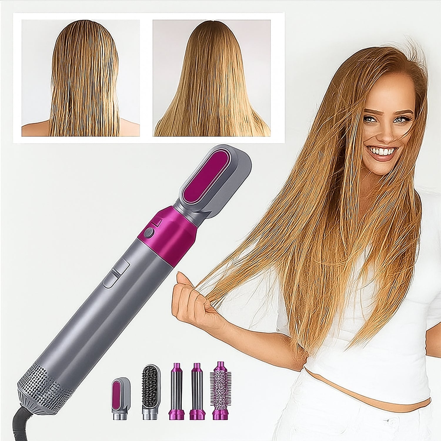 Front view of 5 In 1 Hair Dryer Brush multifunctional hot air styler in use