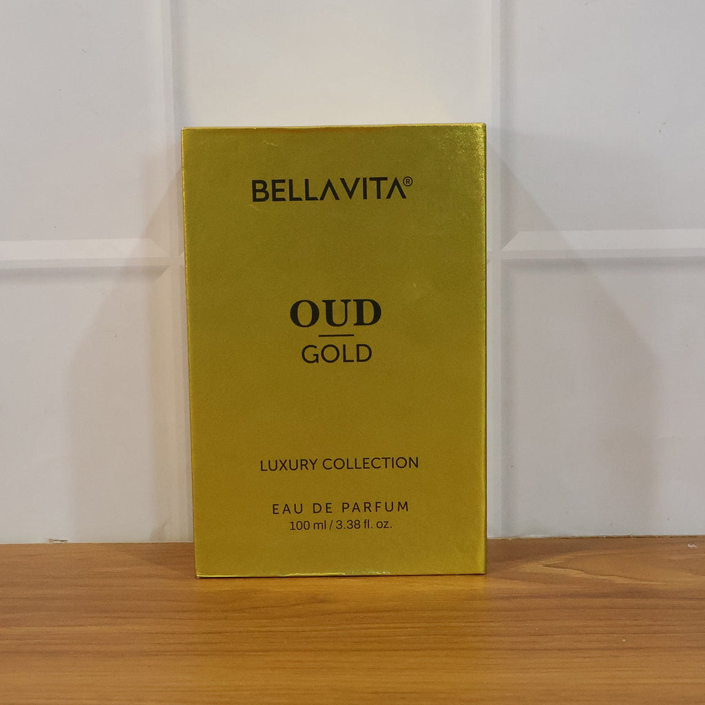 Elegant gold-themed packaging of Bellavita oud perfume
