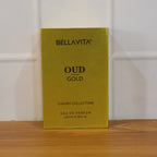 Elegant gold-themed packaging of Bellavita oud perfume