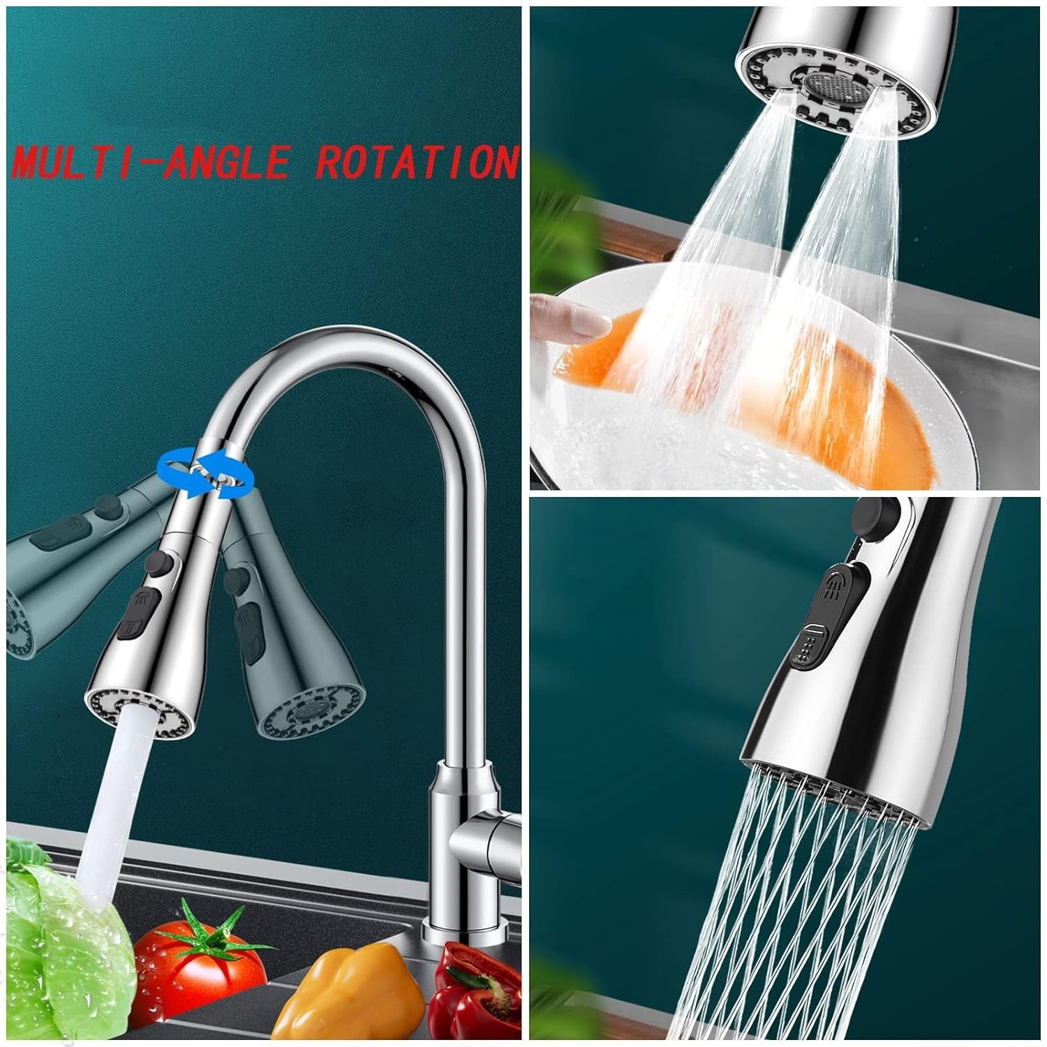 Ergonomic design of the flexible kitchen faucet sprayer for easy use.