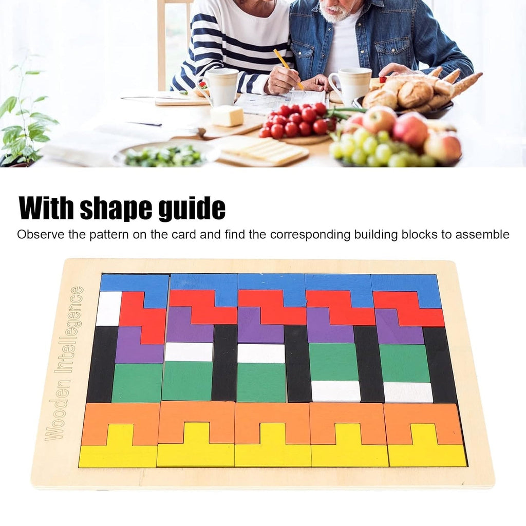 Wooden blocks puzzle set including a helpful shape guide for easy assembly.